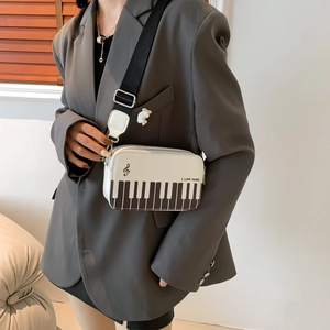 Fashion piano keyboard pattern crossbody bag with musical note embroidery and wide strap
