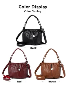 Detailed color display of women's pleated leather handbags in black, red, and brown