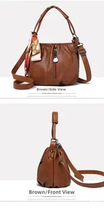 Close-up of brown faux leather bucket bag with silk scarf and lychee texture detail
