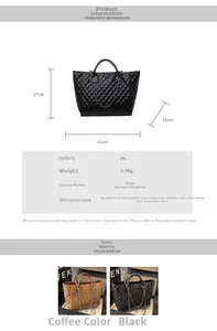 Detail view of large quilted tote bag dimensions and brown or black PU leather colors