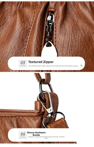 Close-up of litchi grain leather bag featuring premium metal zipper and swivel hooks