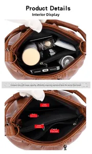 Detailed interior of a brown leather crossbody bag with main pocket and card slots
