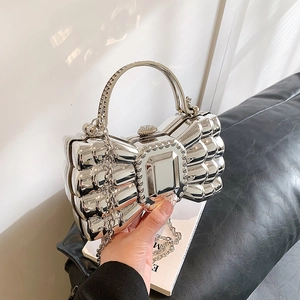 Metallic Bow Shaped Evening Clutch Bag With Rhinestone Handle And Chain Strap Elegant Party Wedding Handbag