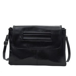 Minimalist black glossy envelope crossbody bag for women with adjustable strap and flap