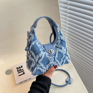 Frayed Denim Diamond Lattice Hobo Bag With Turn Lock Fringed Crossbody Handbag Retro Crescent Purse For Women