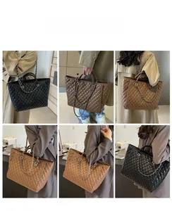 Detailed views of quilted tote bags in black, brown, and khaki with chain straps