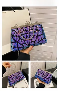 Detail of blue gradient sequin handbag with rhinestone trim and silver metal ring handle