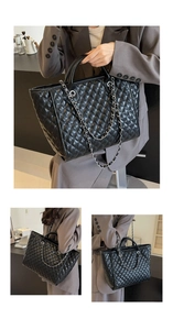 Detail of black quilted tote bag showing various carrying styles in a lifestyle setting