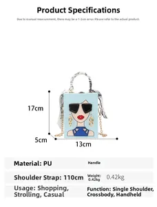 Detailansicht blaue Box-Tasche mit Comic-Gesicht, Seidenschal-Griff und Goldkette
