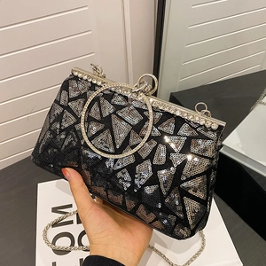 Sequin Evening Clutch Shoulder Bag Rhinestone Geometric Pattern Ring Handle Detachable Chain Sparkly Party Purse For Women