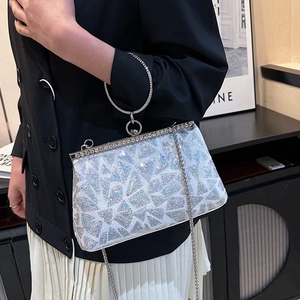 Silver sequin evening clutch bag with rhinestone ring handle and chain strap for women