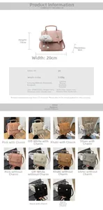 Detailed size chart and multi-color view of mini PU leather backpack with plush charm