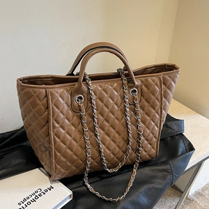 Brown quilted tote bag with silver chain straps and large capacity for women