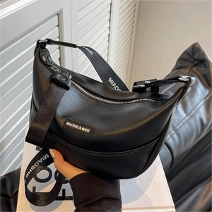 Women Crescent Crossbody Bag PU Leather Lychee Texture With Wide Letter Shoulder Strap Minimalist Chic All Match Hobo Handbag