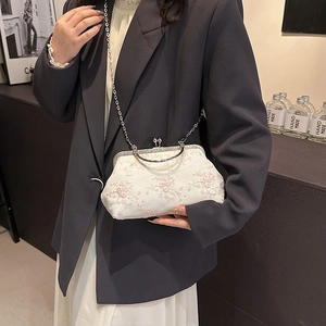 Vintage white evening bag with 3D pink floral embroidery and silver chain strap