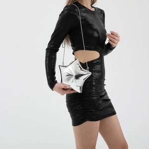 Silver star-shaped acrylic shoulder bag with metallic reflective finish and chain strap