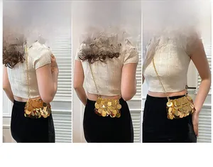 Detailed views of the golden sequin mini bag with a detachable chain strap and cross-body style