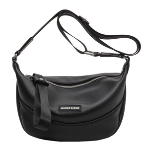 Minimalist black crescent crossbody bag with adjustable wide strap and litchi texture