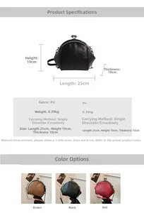 Detailed size chart and dimensions for the shell-shaped quilted PU leather crossbody bag