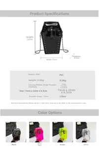 Detailed spec sheet showing gothic coffin-shaped bags with studs and metal chains