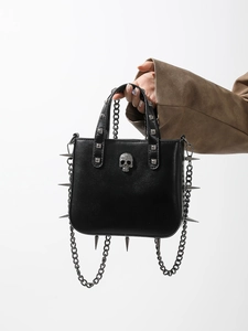 Gothic black PU leather handbag with silver skull, studs, spikes and thick metal chain strap