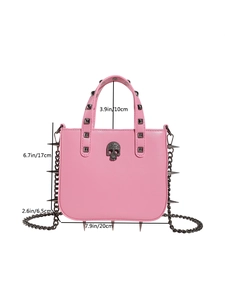 Gothic pink PU leather handbag with skull, silver studs, spikes and metal chain strap