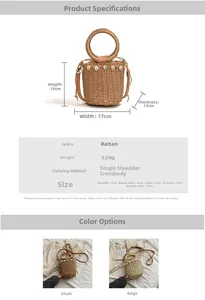 Detail view of straw bucket bag with shell accents, dimensions and strap length parameters
