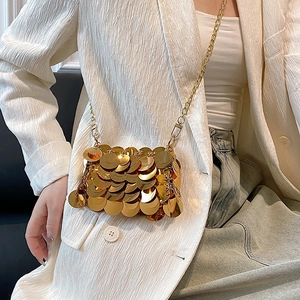 Mini gold sequin crossbody bag with chain strap for women, stylish evening mini purse