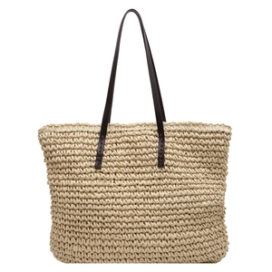 Large capacity woven straw tote bag with brown leather handles for women's beach commute