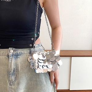 Silver sequin shoulder bag for women with metallic chain strap and Y2K trendy style