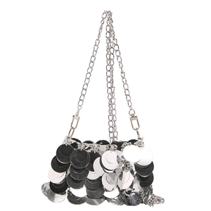 Mini silver sequin crossbody bag with metal chain strap for evening party fashion