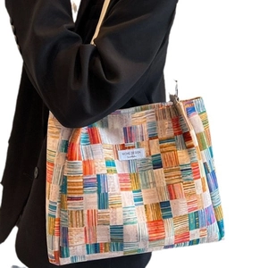 Large plaid tote bag for women with colorful geometric pattern and shoulder strap