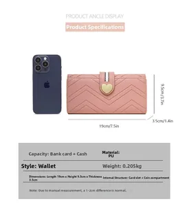 Pink quilted PU leather wallet detail showing dimensions 19x9.5x3.5cm and heart clasp