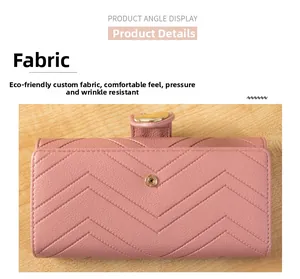 Close-up of pink eco-friendly leather wallet with pebble texture and V-stitch pattern