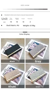 Quilted long wallet dimensions chart and four-color display in black, gray, khaki, and green