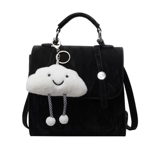 French style black chic backpack for women with creative white cloud plush pendant accessory