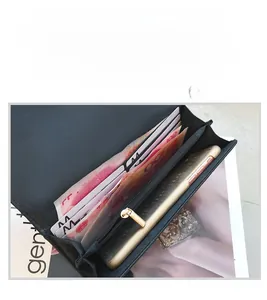 Internal layout of a black long wallet showing card slots and zipper coin pocket