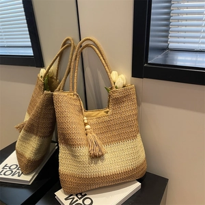 Woven Straw Tote Bag Large Capacity Striped Shoulder Bag With Tassel Wood Beads For Women Summer Beach Holiday Casual