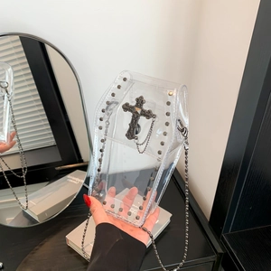 Coffin Crossbody Bag Gothic Punk Transparent PVC Patent Leather Rivet Cross Charm Metal Chain Shoulder Bag For Women