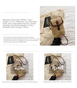 Mini straw crossbody bag size comparison with tablet and leather toggle closure detail