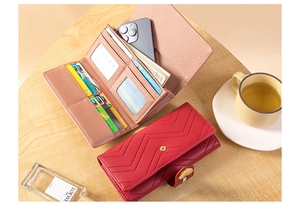 Detail of a ladies' long wallet showing interior card slots and a smartphone compartment