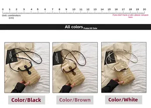 Three-color straw woven crossbody bags in black, brown, and white with snap closures