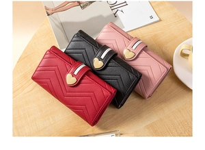 Chic women's long wallets in black, red, and pink with V-quilt pattern and heart buckles