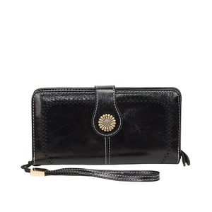 Vintage black oil wax leather long clutch wallet with daisy buckle and contrast stitching