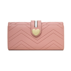 Pink quilted long wallet with chevron pattern and heart-shaped golden buckle for women