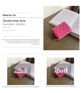 Macro detail of rose red quilted PU leather wallet showing size and material specs