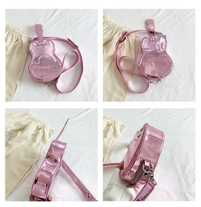 Detailed views of the guitar shaped pink glossy crossbody bag with metallic studs