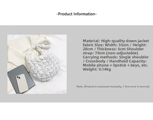 Close-up of white padded dumpling bag with size 35x28x6cm and weight specs