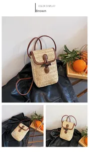 Detail of woven straw crossbody bag with brown leather flap and horn toggle button closure