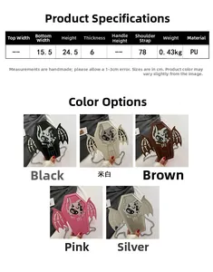 Detailed size chart and five color variants of gothic coffin shaped crossbody bag